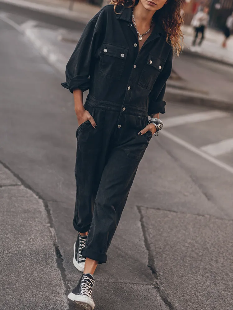 Ladies' Jumpsuit with Relaxed Fit and Button Placket at the Front