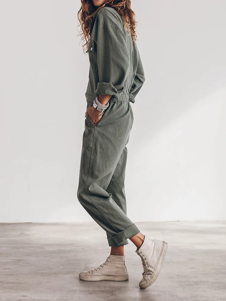 Ladies' Jumpsuit with Relaxed Fit and Button Placket at the Front