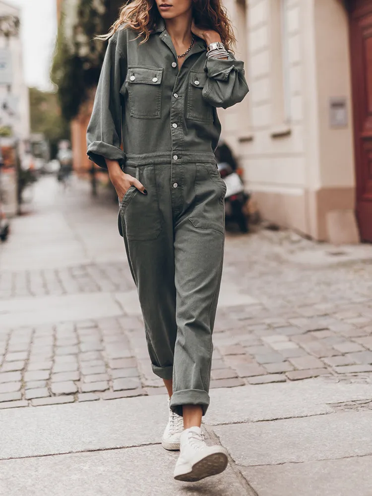 Ladies' Jumpsuit with Relaxed Fit and Button Placket at the Front
