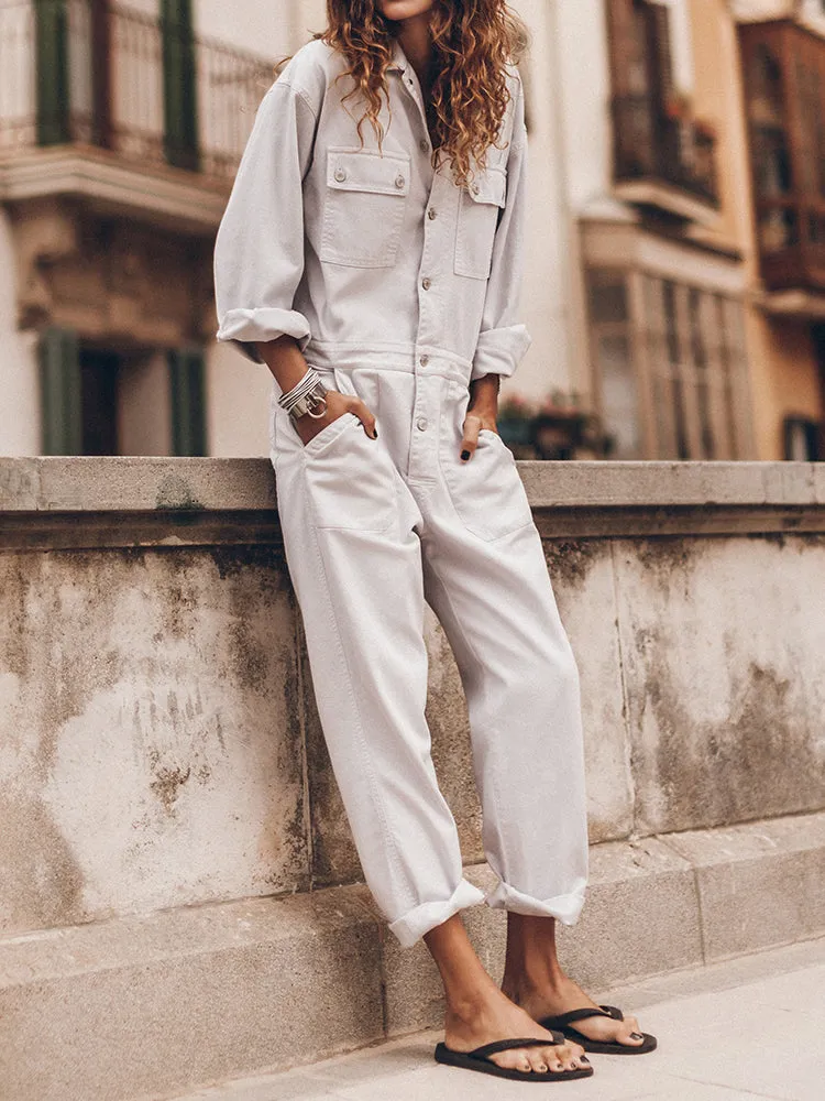 Ladies' Jumpsuit with Relaxed Fit and Button Placket at the Front