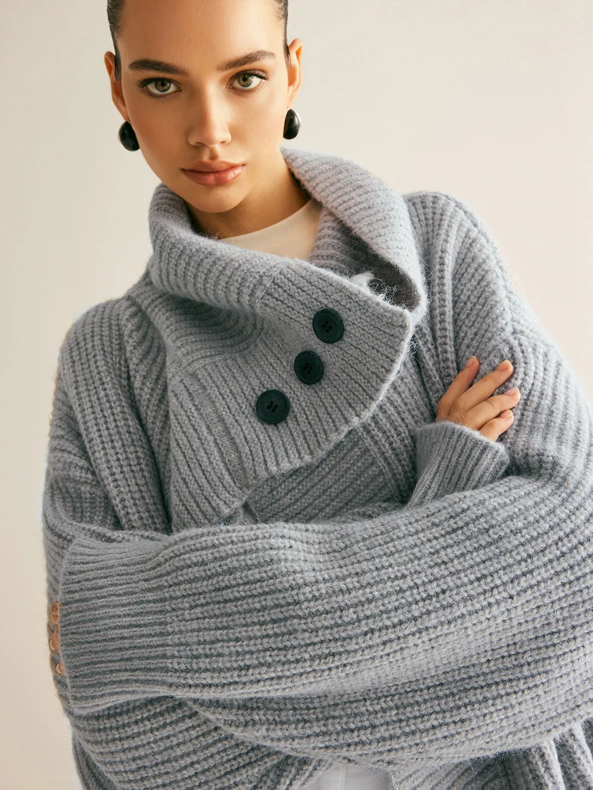Lapel Scarf Ribbed Long Cardigan
