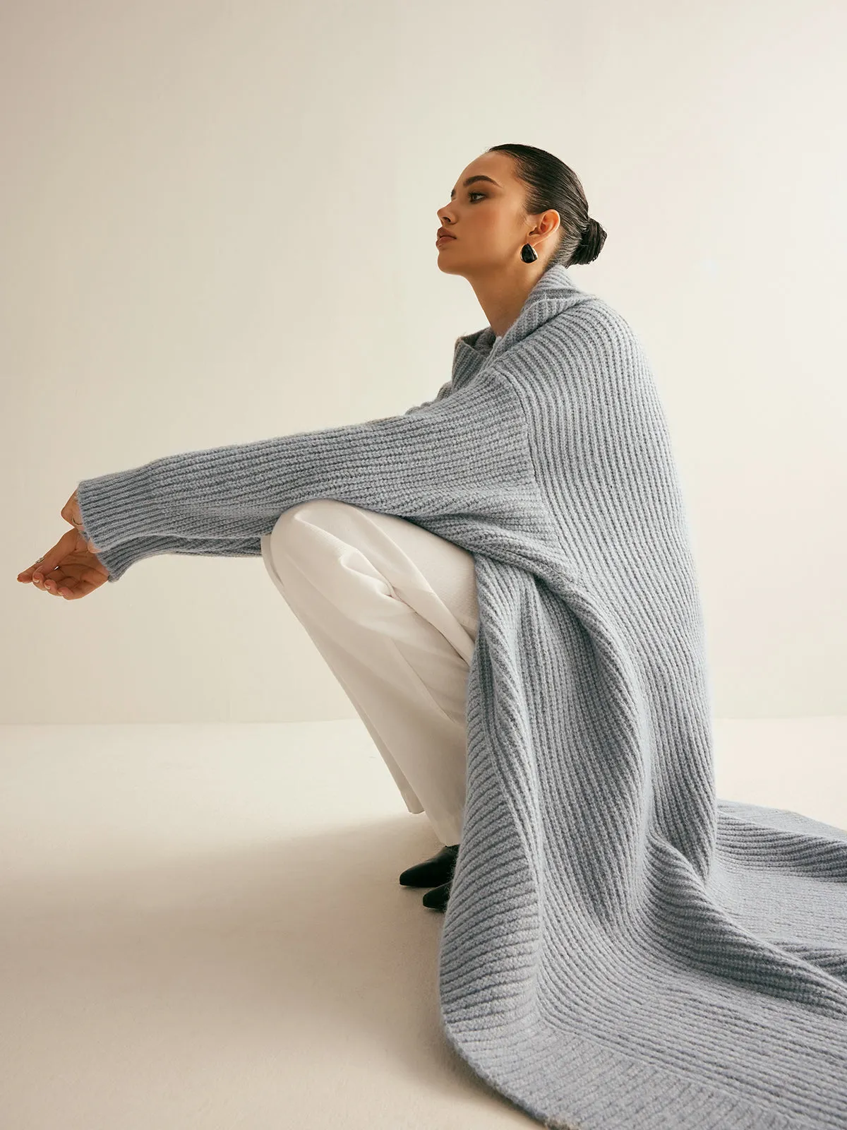 Lapel Scarf Ribbed Long Cardigan