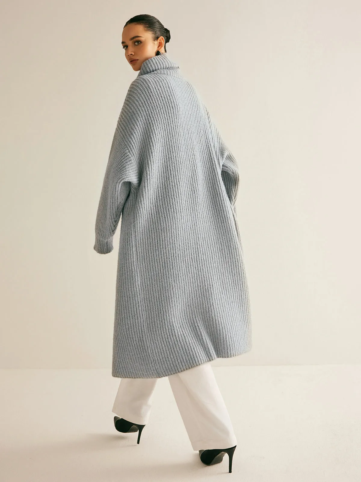 Lapel Scarf Ribbed Long Cardigan