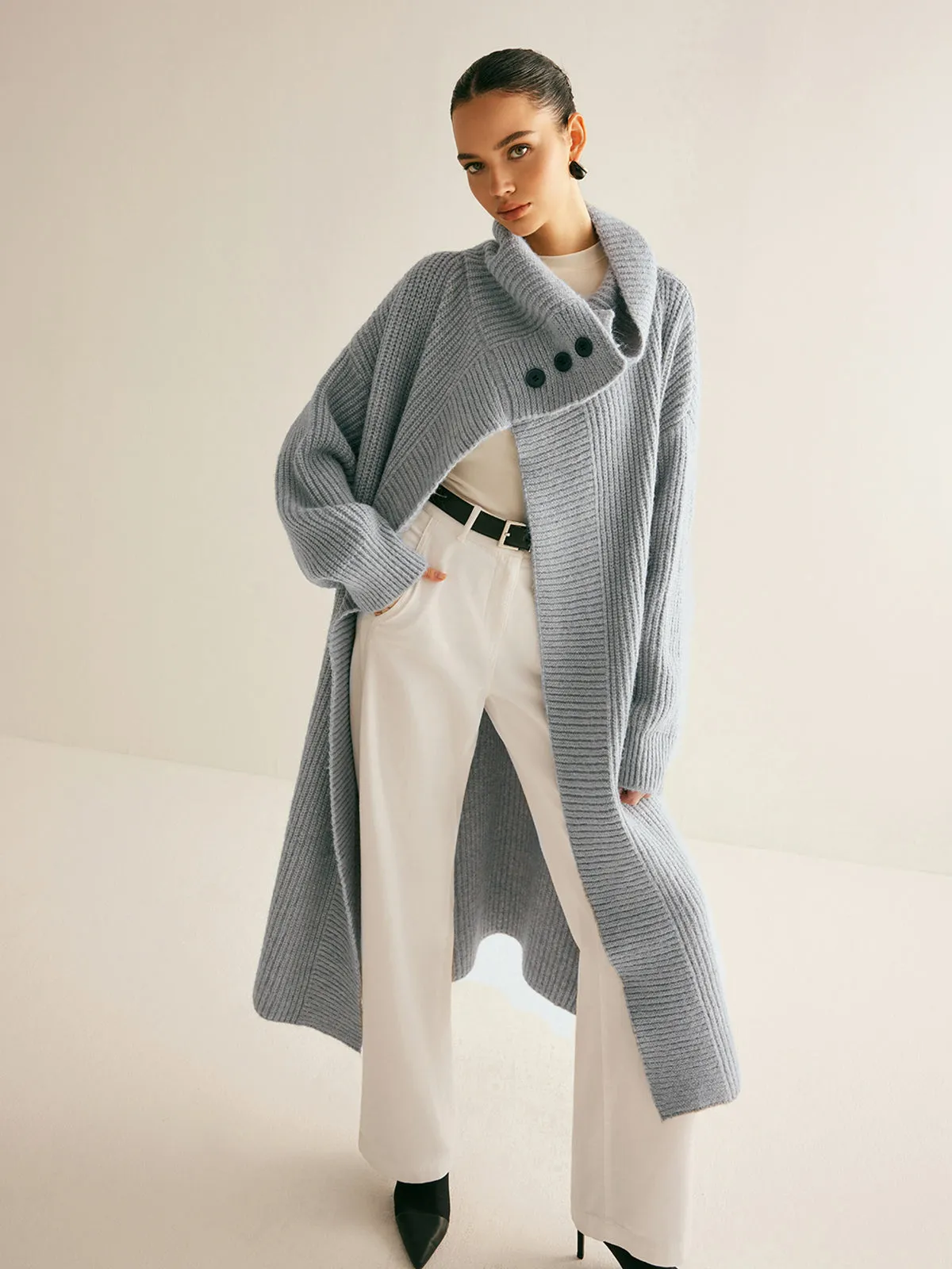 Lapel Scarf Ribbed Long Cardigan