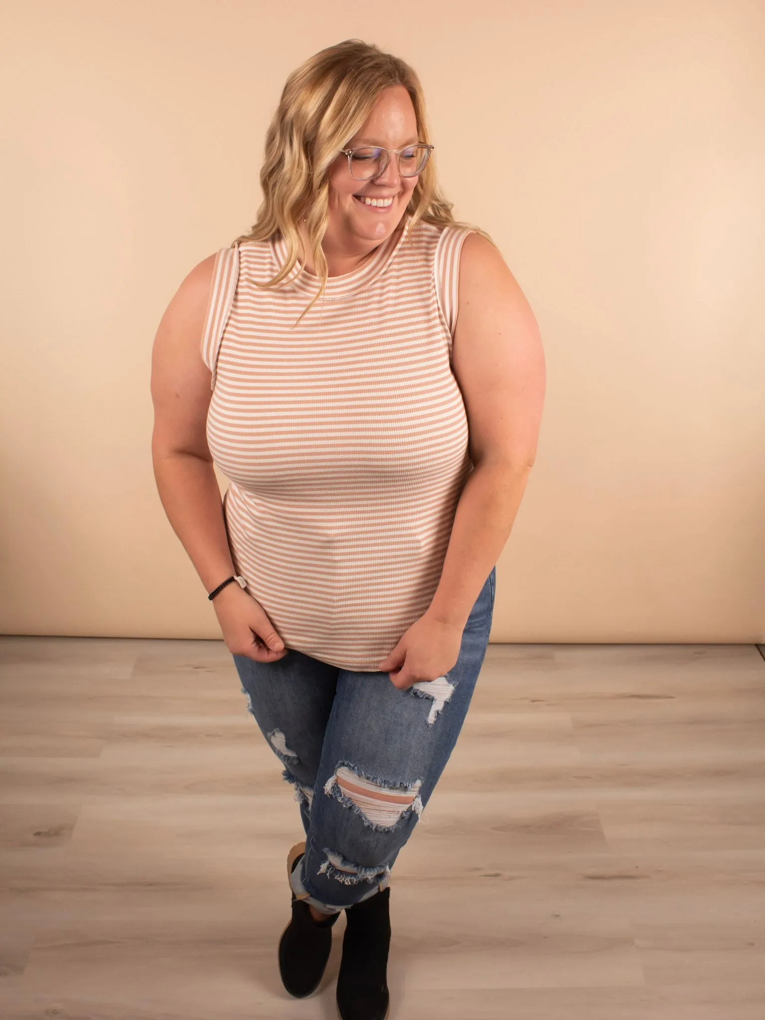 Layered in Love Ribbed Stripe Tank in Beige