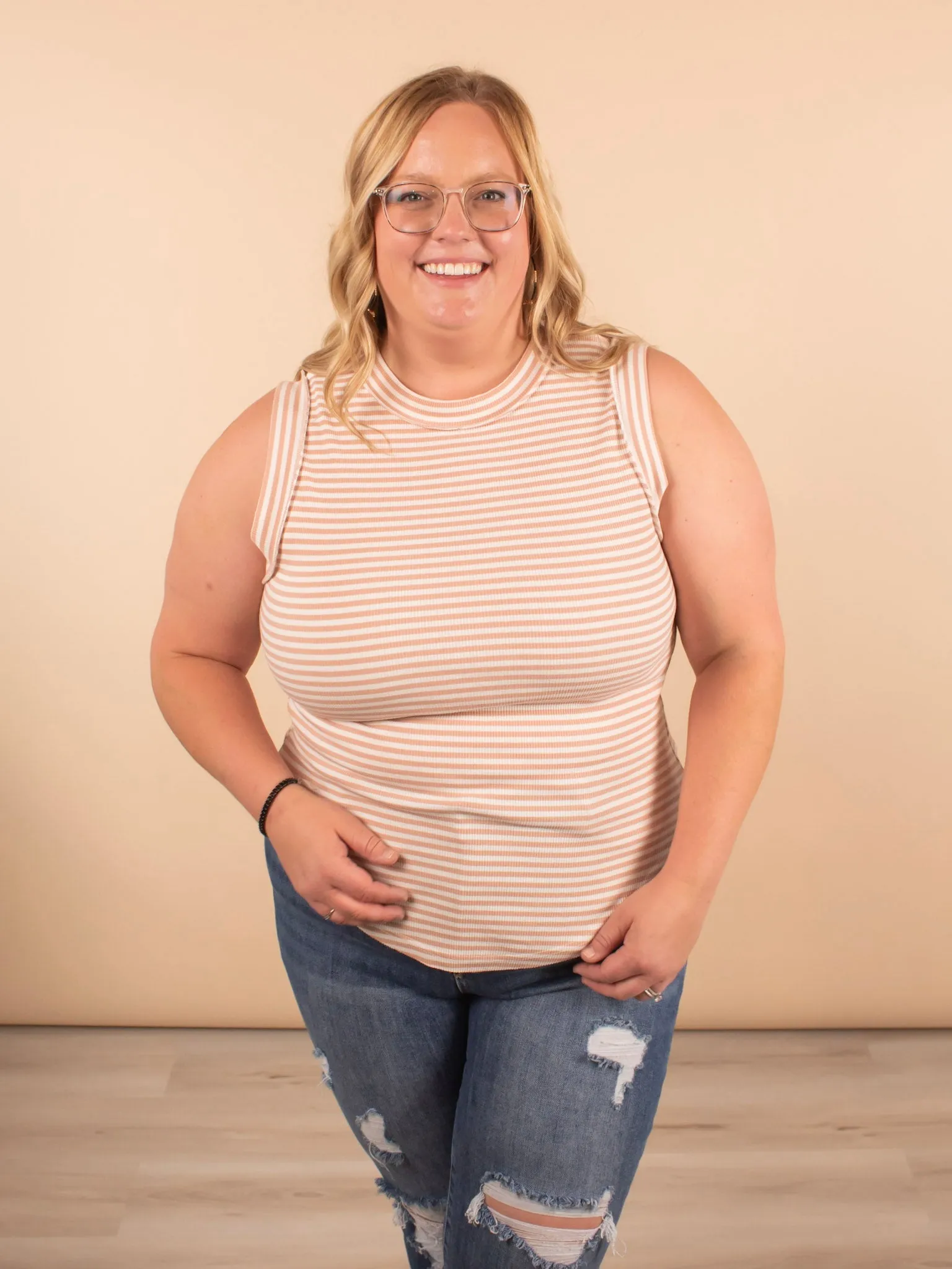 Layered in Love Ribbed Stripe Tank in Beige