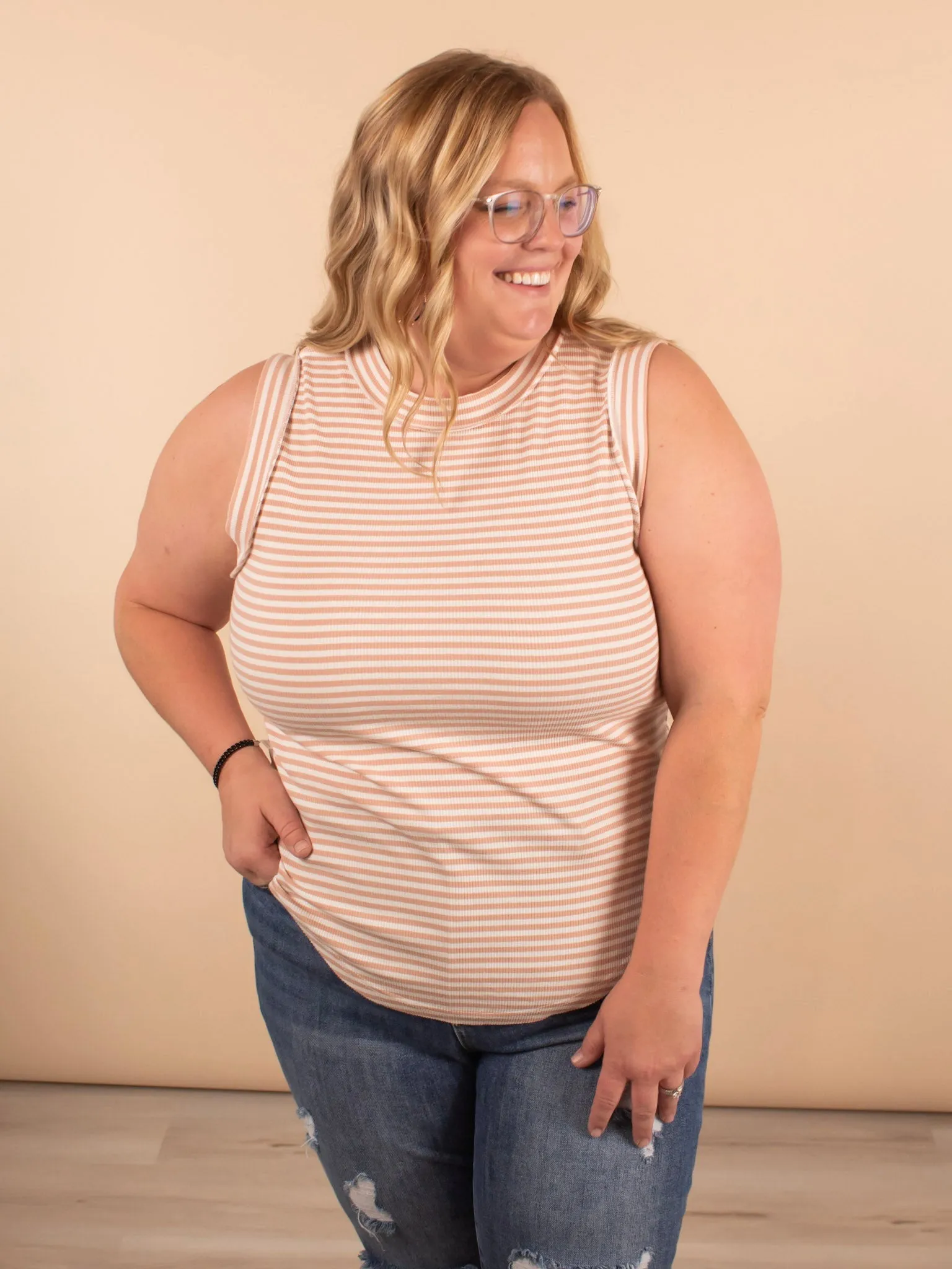 Layered in Love Ribbed Stripe Tank in Beige