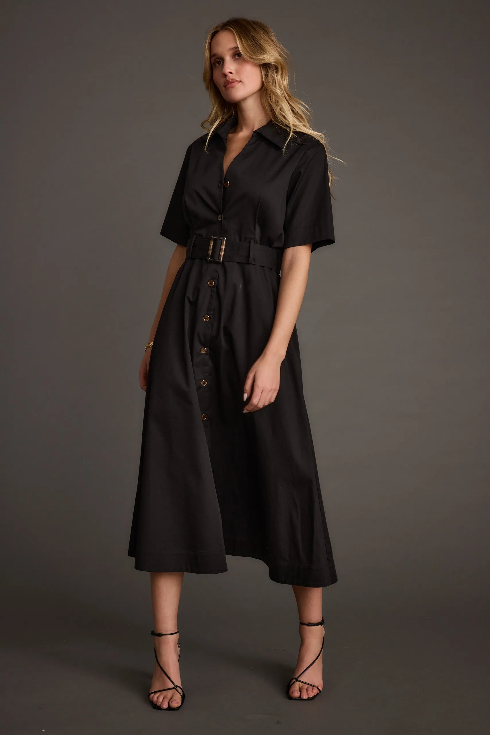 Leena Black Button Front Belted Midi Dress