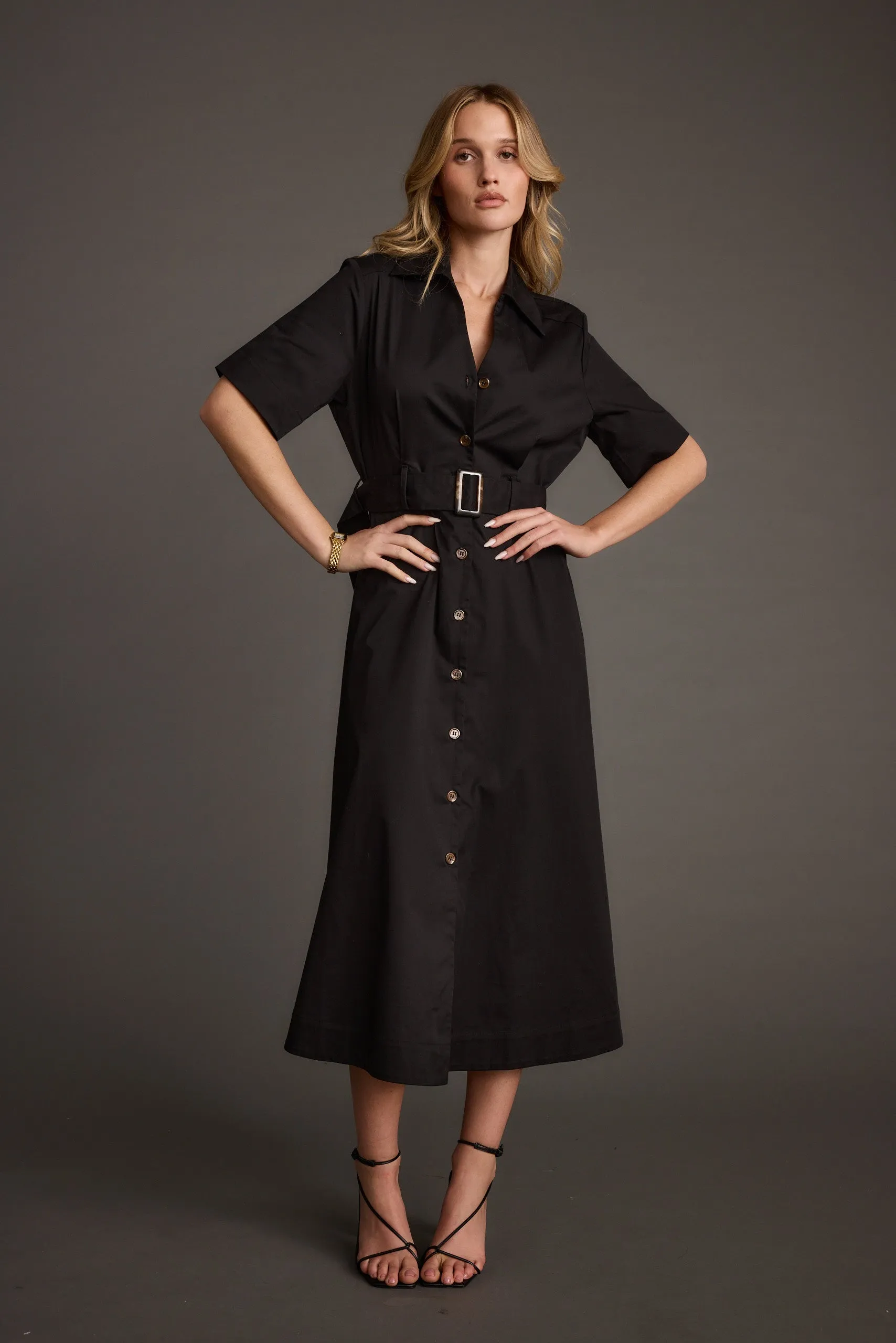 Leena Black Button Front Belted Midi Dress