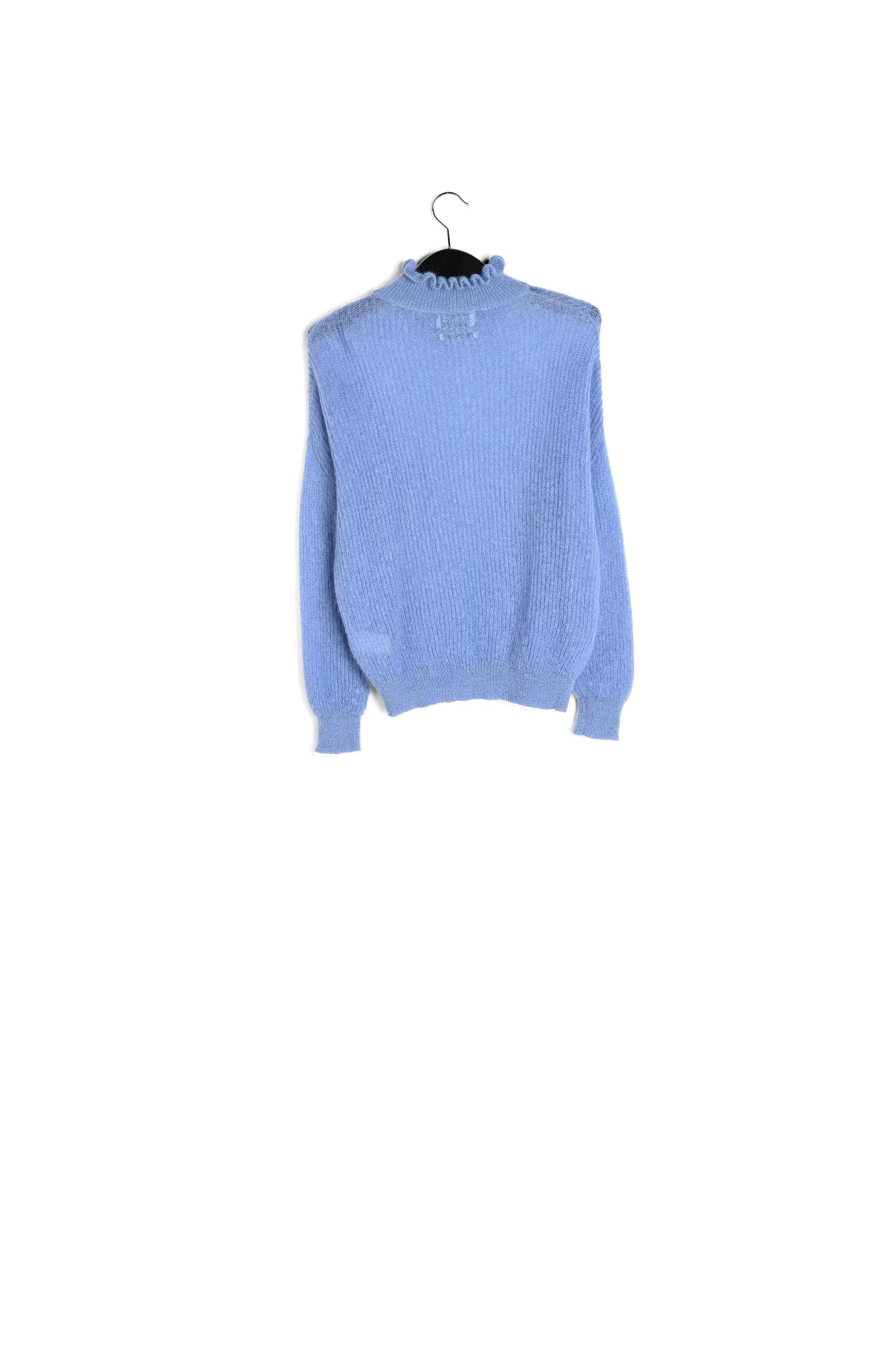 Light blue knit with high ruffled collar