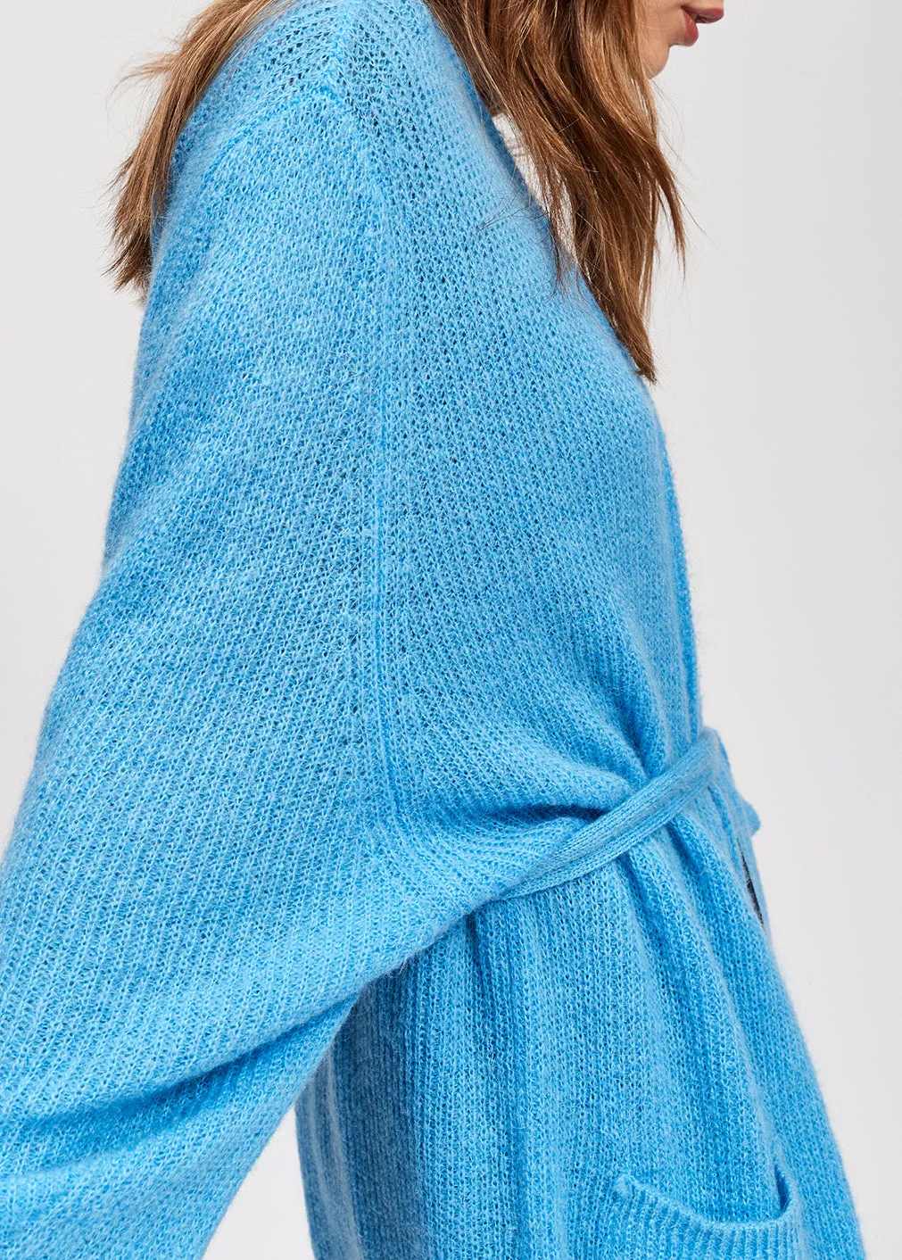 Light blue mohair blend cardigan with belt