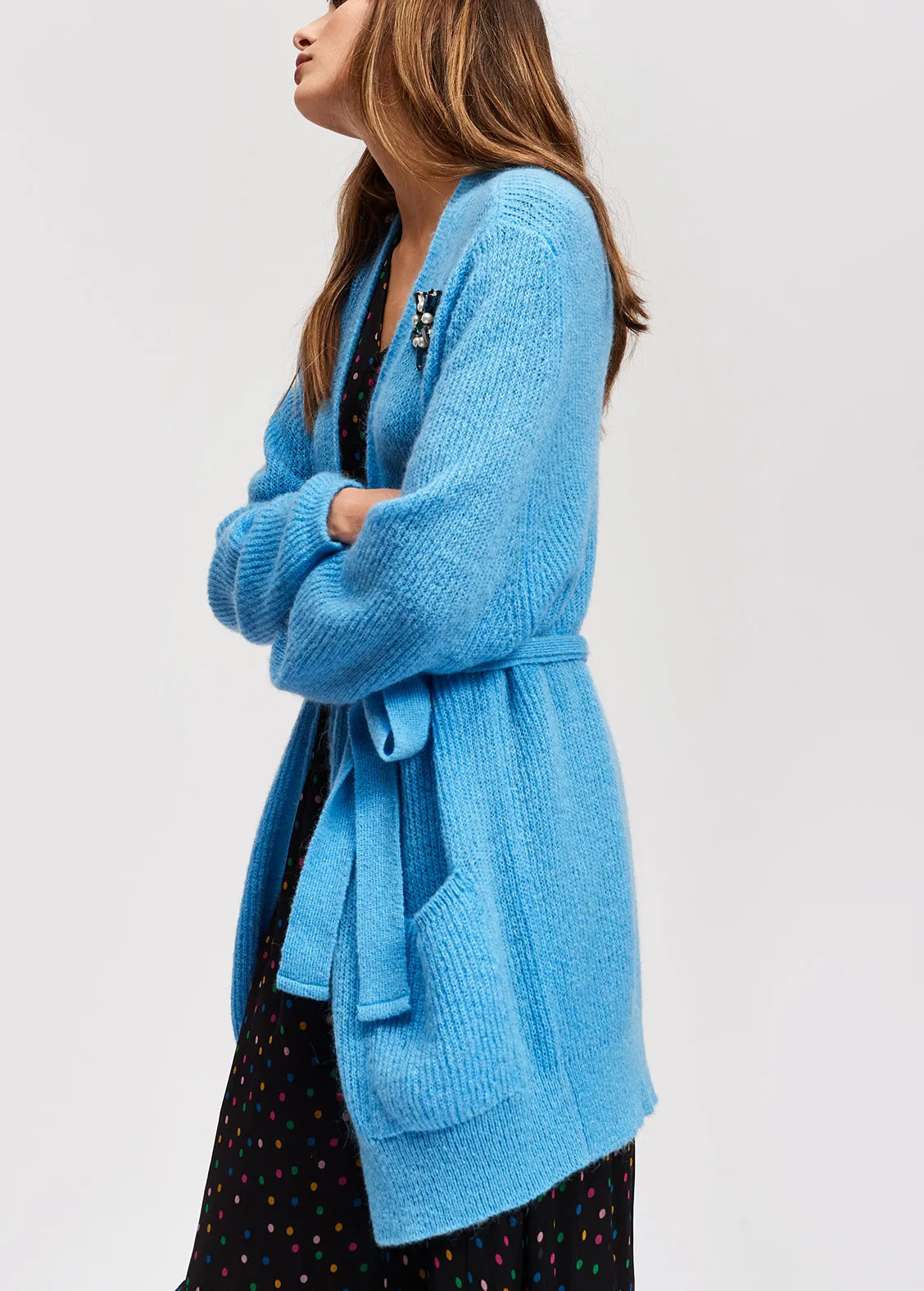 Light blue mohair blend cardigan with belt