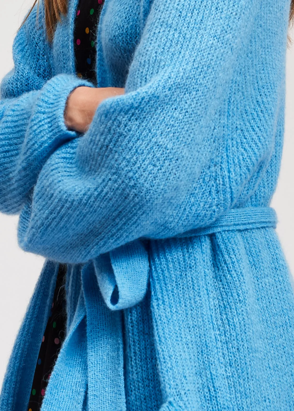 Light blue mohair blend cardigan with belt