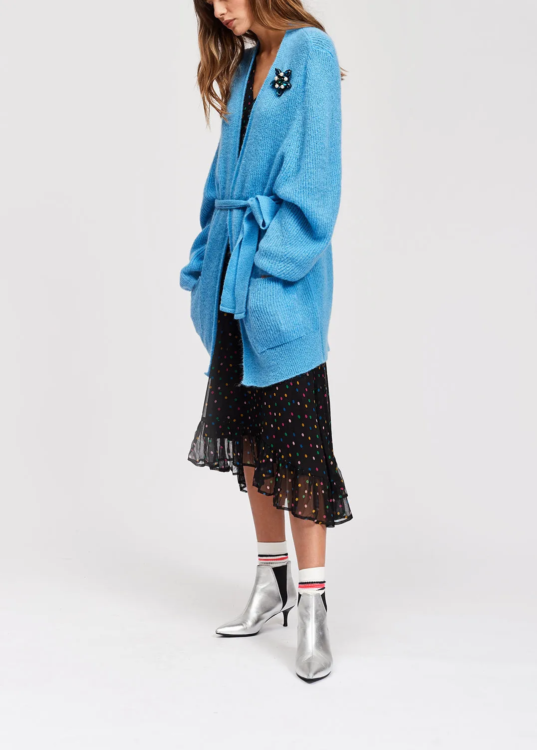 Light blue mohair blend cardigan with belt