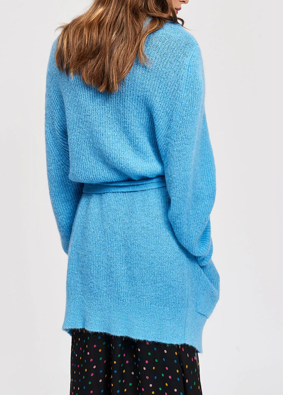 Light blue mohair blend cardigan with belt