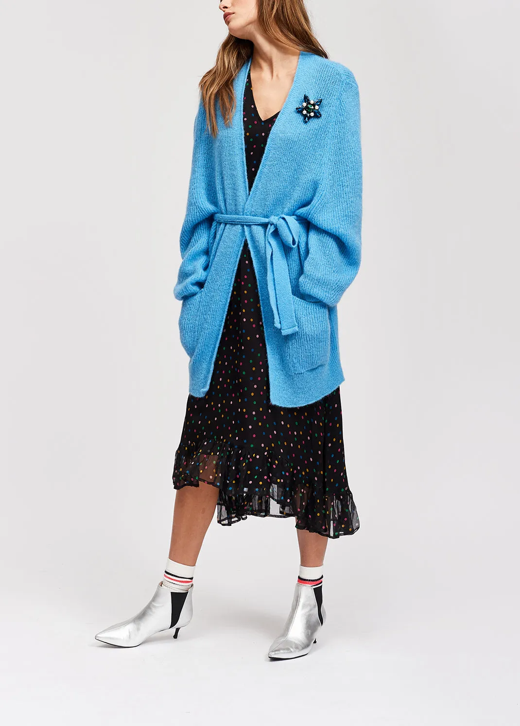 Light blue mohair blend cardigan with belt