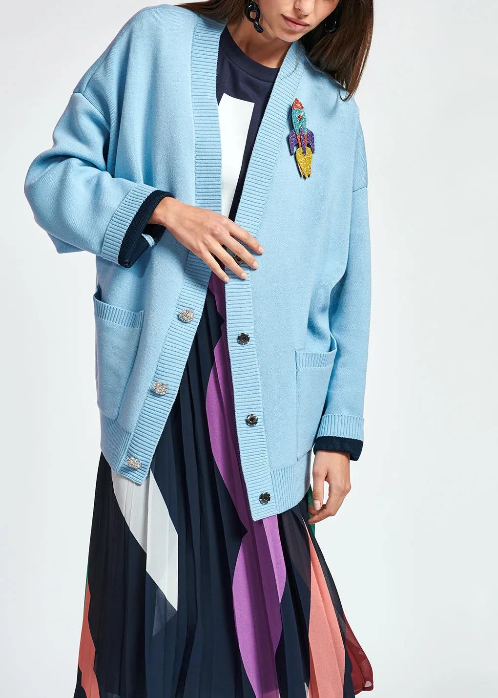Light blue rhinestone-button V-neck cardigan
