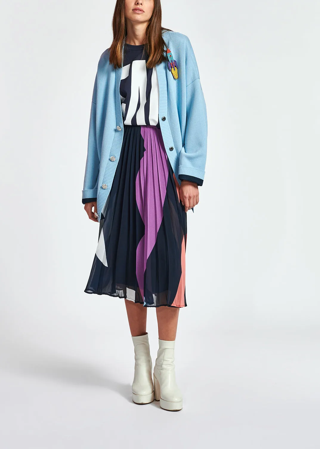 Light blue rhinestone-button V-neck cardigan