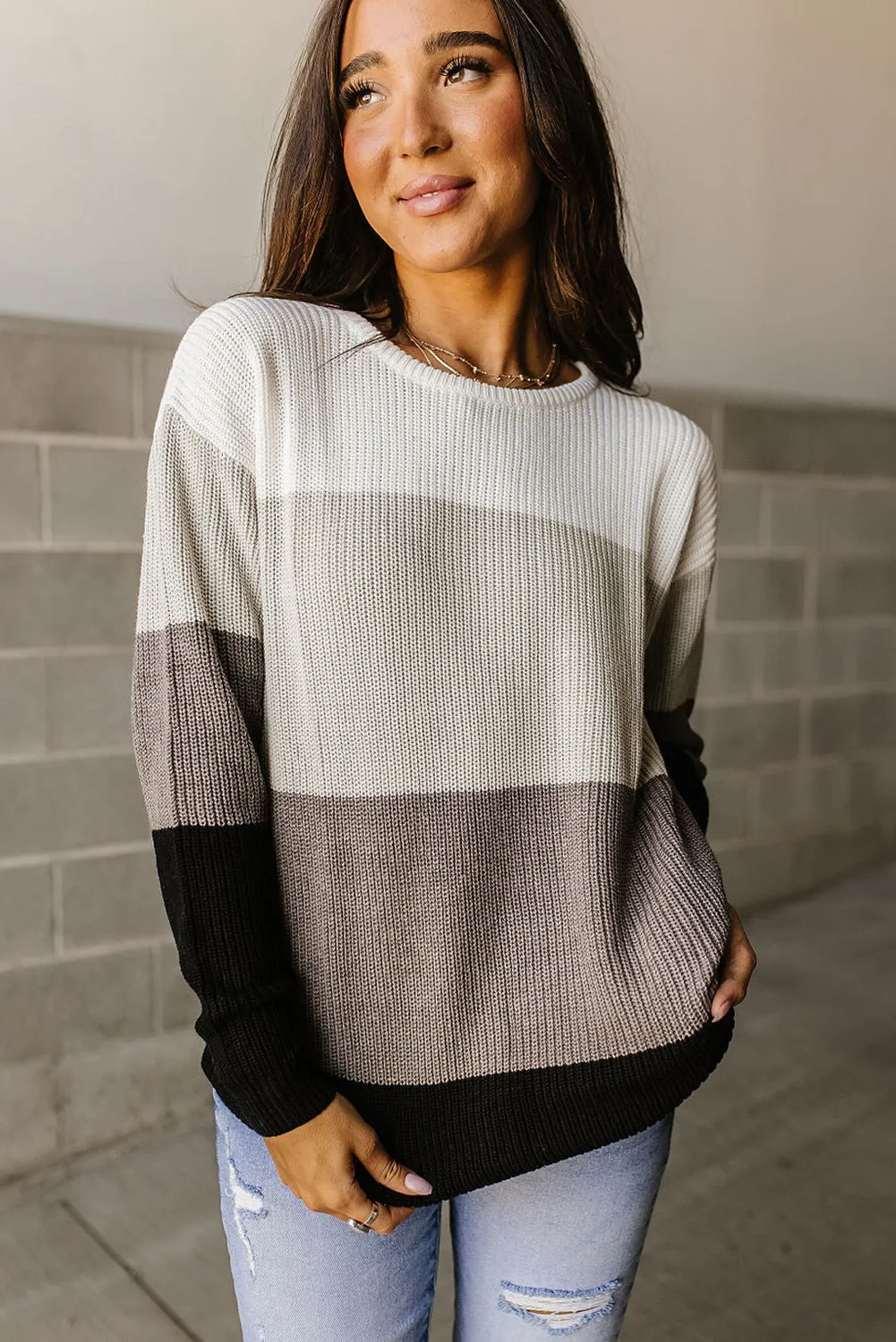 Light Grey Color Block Knitted O-neck Pullover Sweater