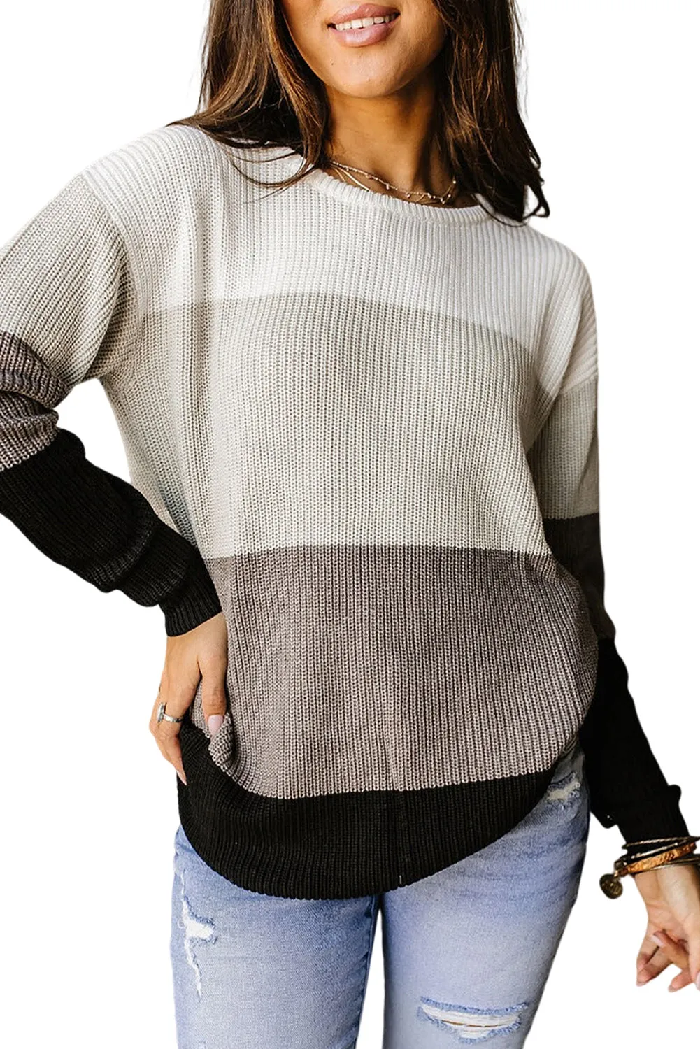Light Grey Color Block Knitted O-neck Pullover Sweater