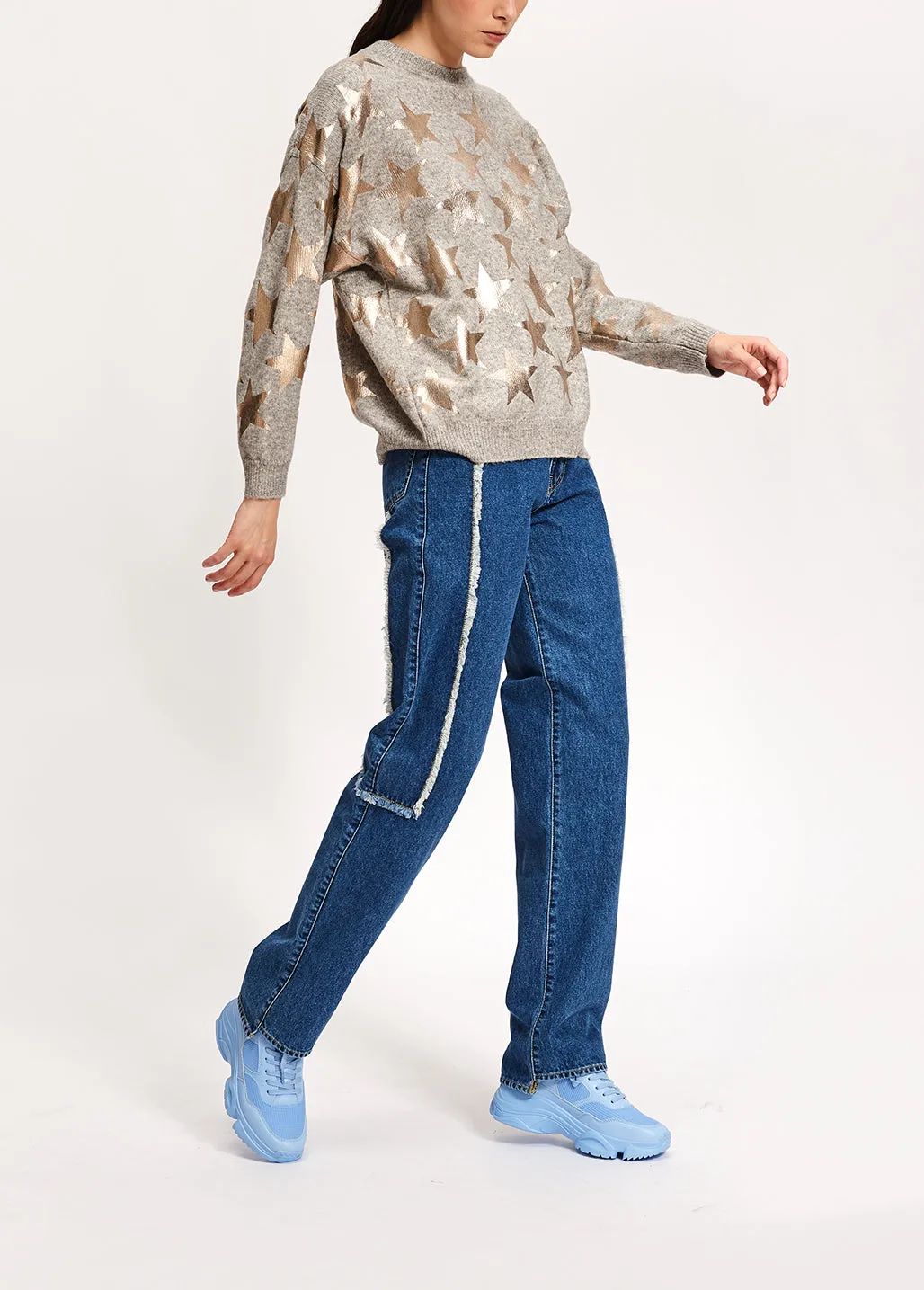 Light grey knitted sweater with metallic stars