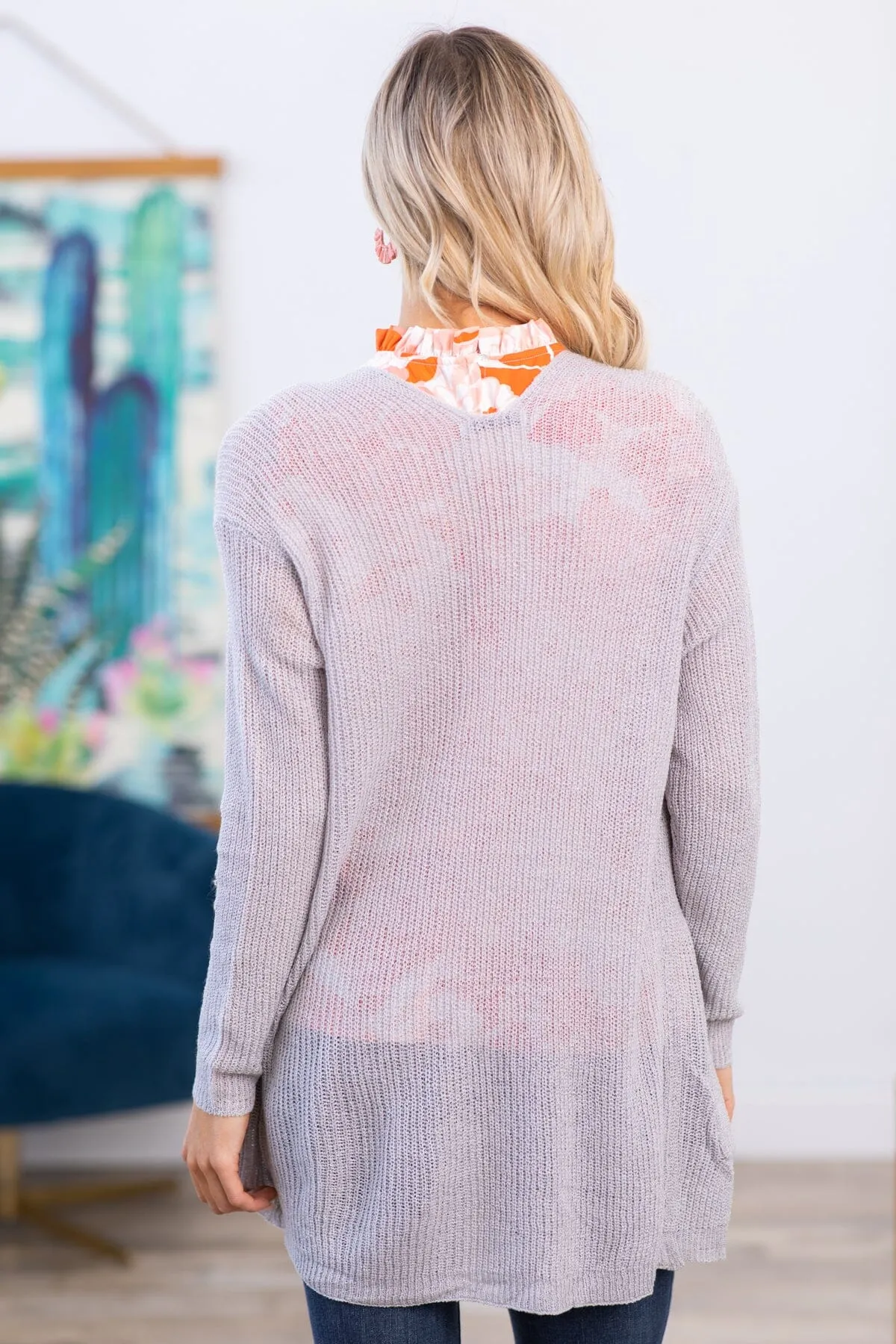 Light Grey Mid Length Cardigan With Pockets
