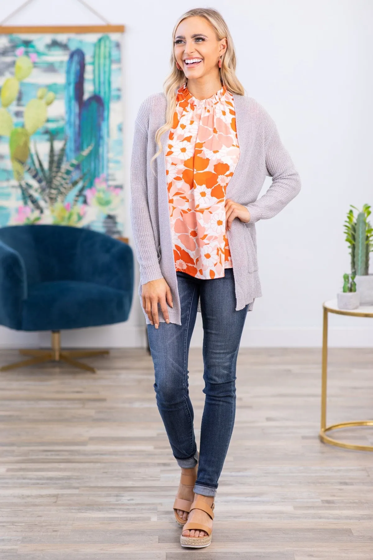 Light Grey Mid Length Cardigan With Pockets