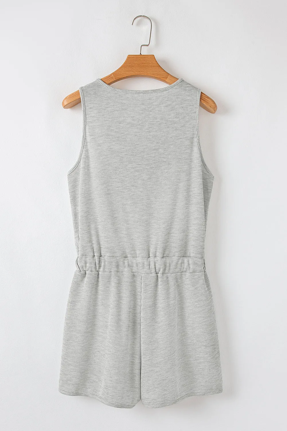 Light Grey Waffle Knit Sleeveless Buttoned Front Drawstring Waist Romper