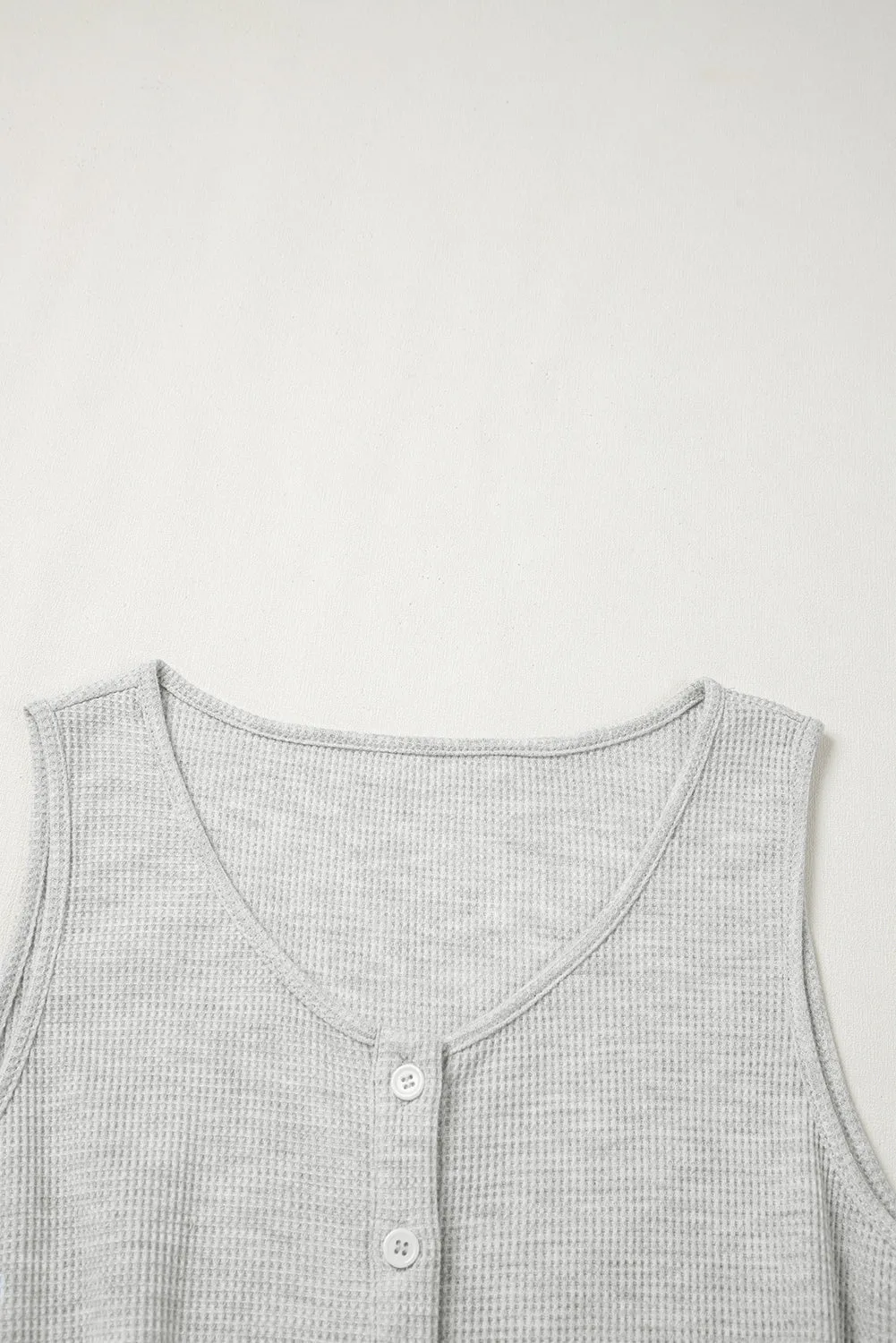 Light Grey Waffle Knit Sleeveless Buttoned Front Drawstring Waist Romper