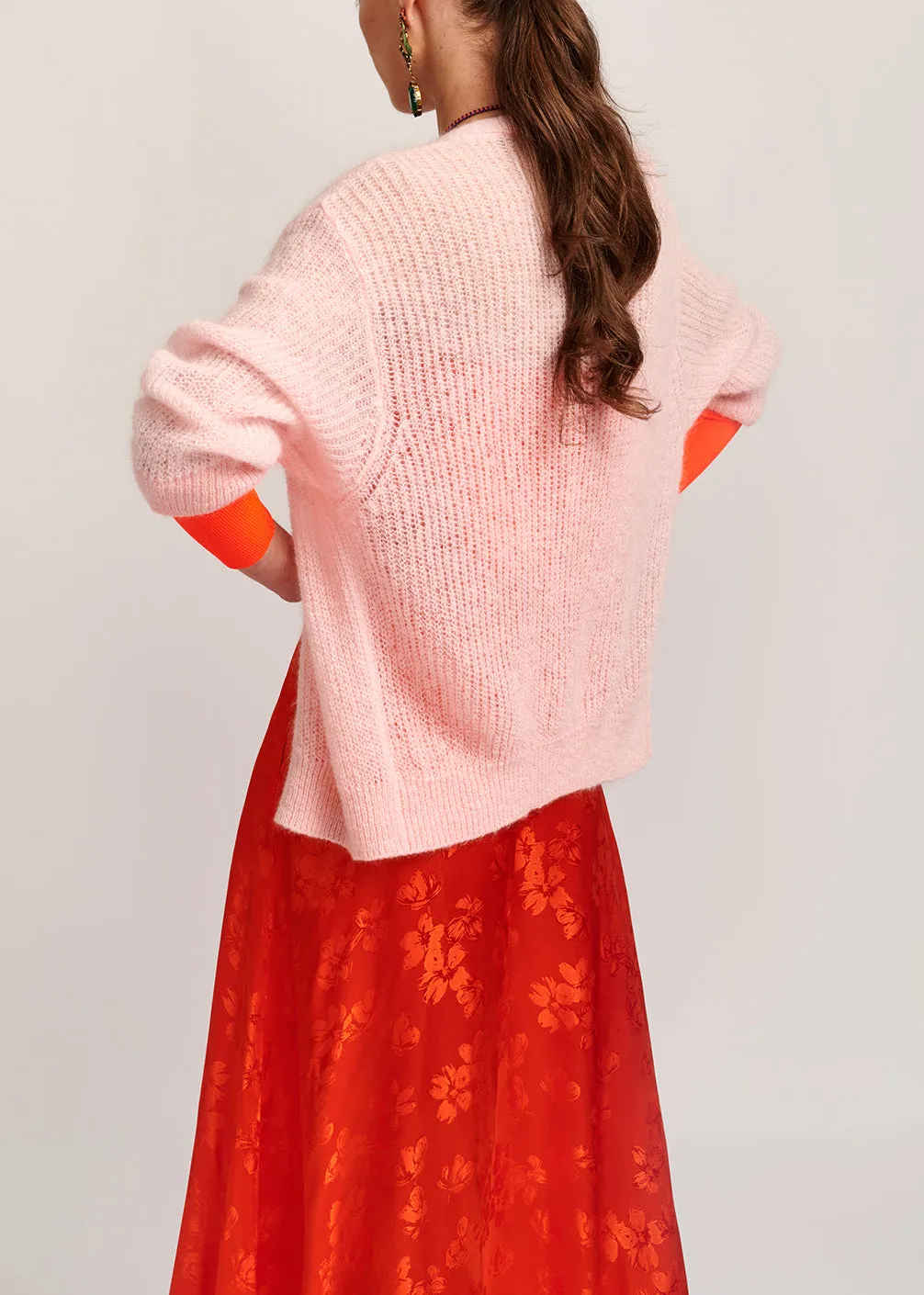 Light pink mohair-blend cardigan with neon cuffs