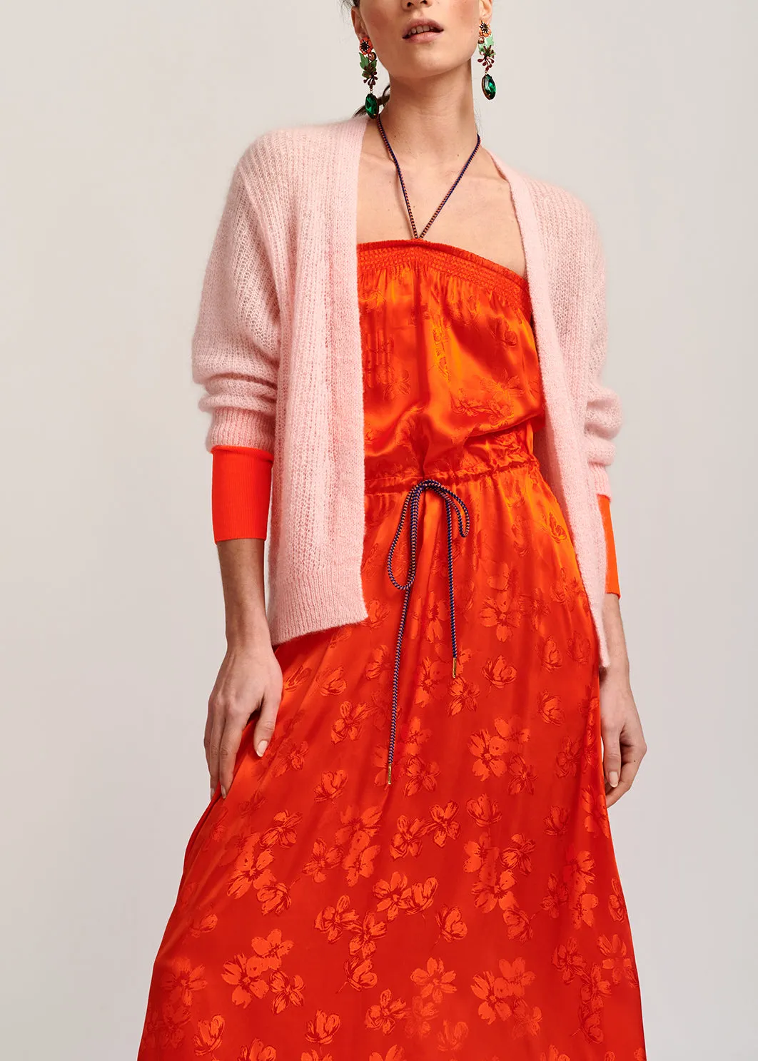 Light pink mohair-blend cardigan with neon cuffs