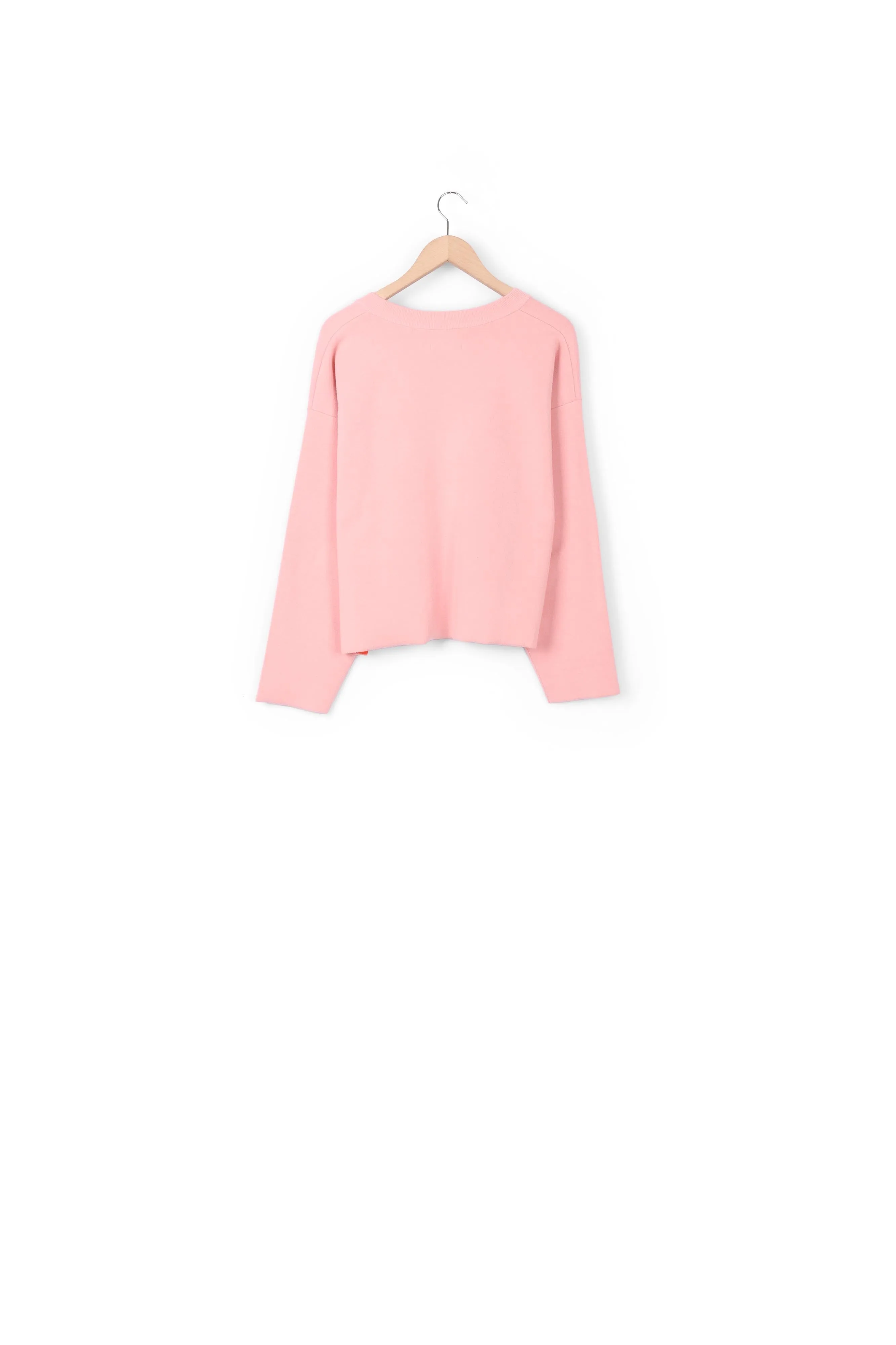 Light pink v-neck sweater with orange contrast