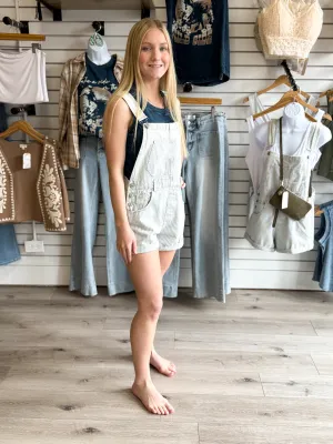 Mineral Washed Pinstripe Short Overalls