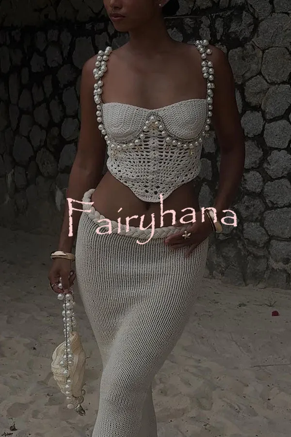 Mirina Hollow Crochet Knit Pearl Trim Heart Collar Crop Vacation Tank