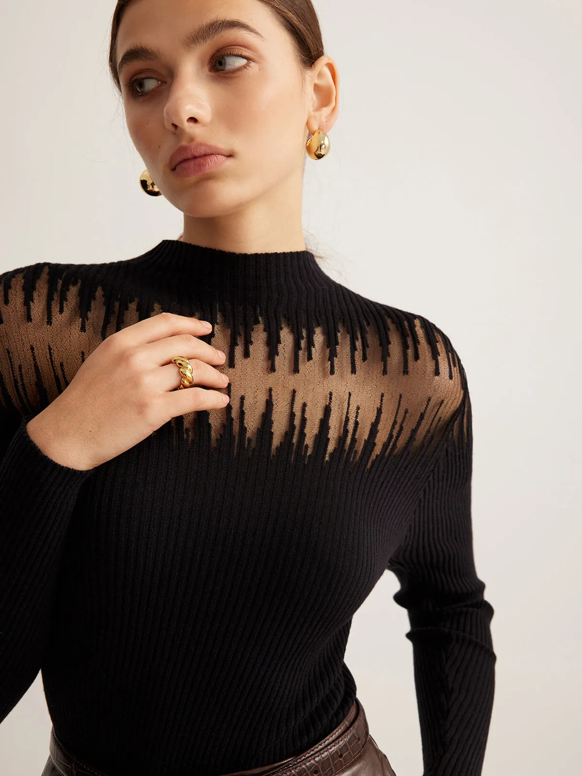 Mock Neck Sheer Panel Knit Top