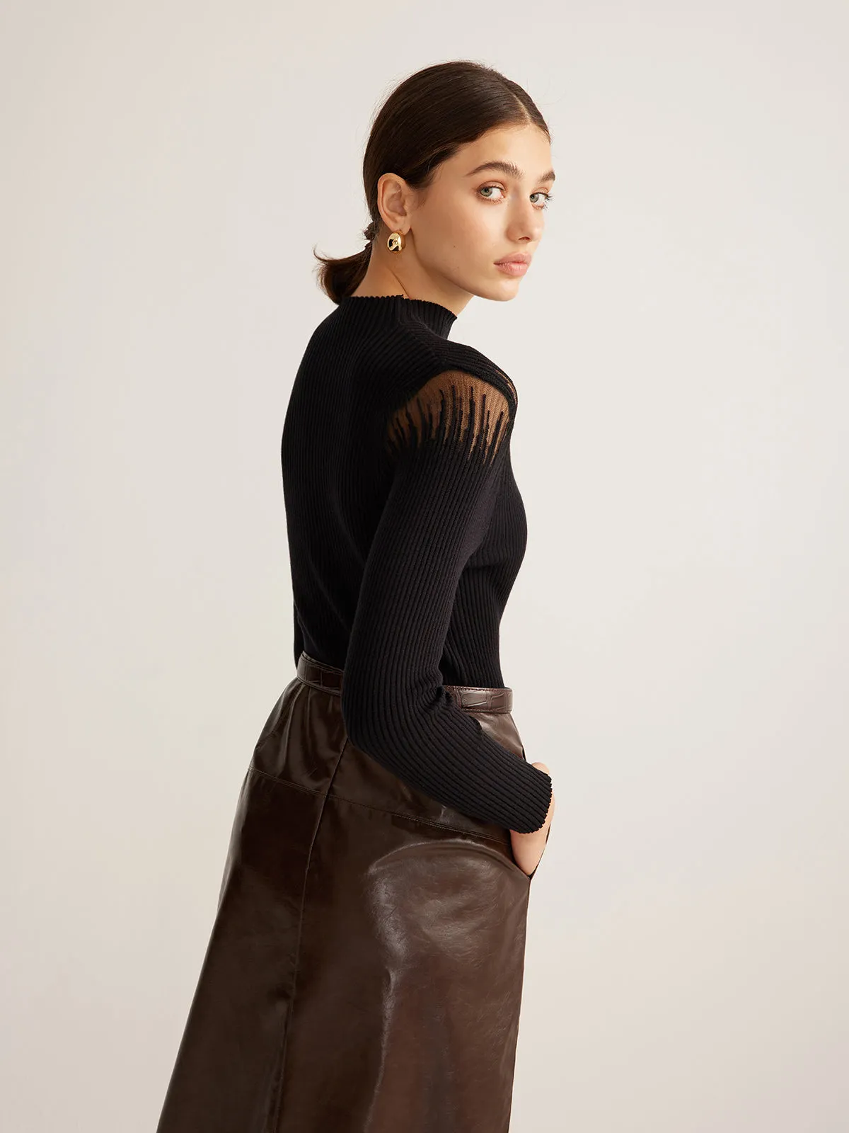 Mock Neck Sheer Panel Knit Top