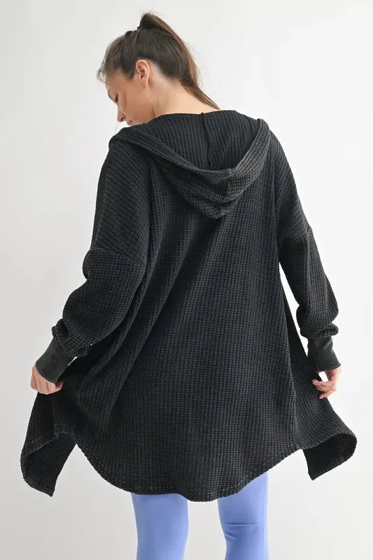 MONO B Chunky Waffle Mineral Wash Hooded Open Cardigan