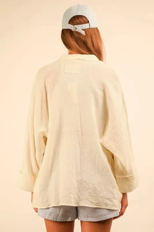 New Dolman Sleeve Cotton Gauze Button Down Shirt For Women – Relaxed Fit Everyday Blouse with Minimalist Style for Any Occasion