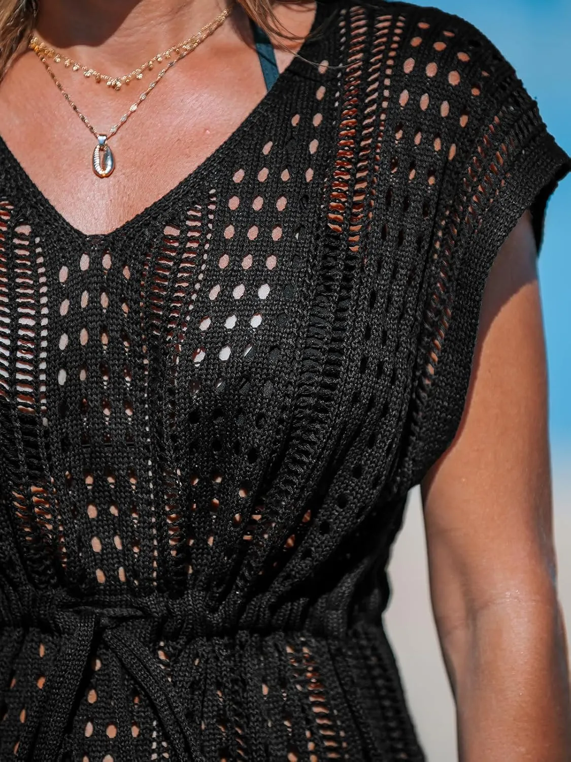 NEW Retails $43, CUPSHE Women's Crochet Cover Up Short Sleeve Mini Dress Drawstring Swimwear Beach Pullover Coverups 2024, Black, Sz L