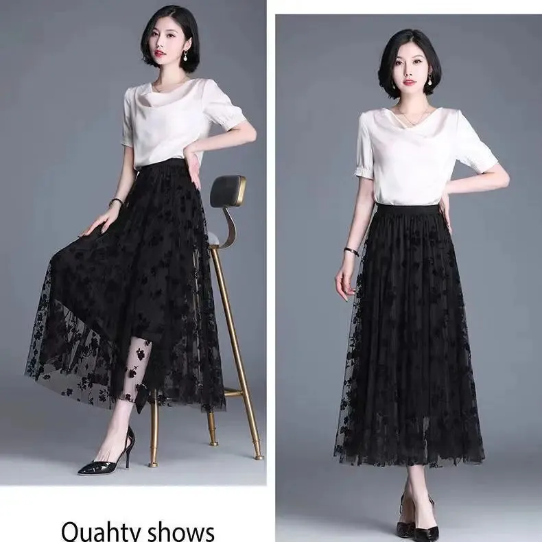 Obsidian Phoenix Korean Tulle Midi Skirt - Floral Hook Design, Loose Elegant Casual Mesh Summer Style