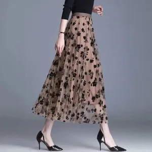 Obsidian Phoenix Korean Tulle Midi Skirt - Floral Hook Design, Loose Elegant Casual Mesh Summer Style