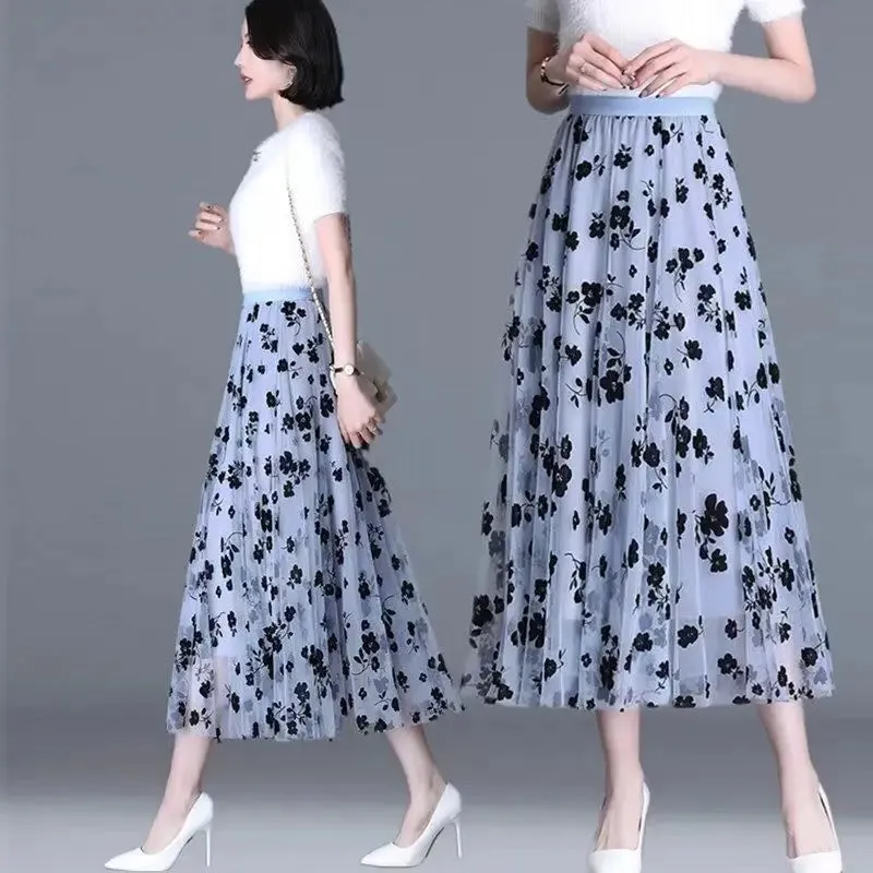 Obsidian Phoenix Korean Tulle Midi Skirt - Floral Hook Design, Loose Elegant Casual Mesh Summer Style