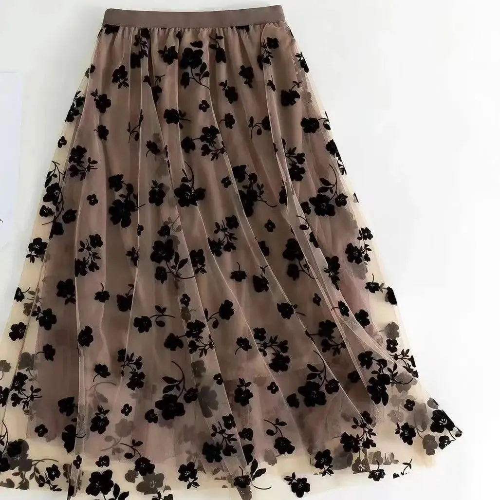 Obsidian Phoenix Korean Tulle Midi Skirt - Floral Hook Design, Loose Elegant Casual Mesh Summer Style