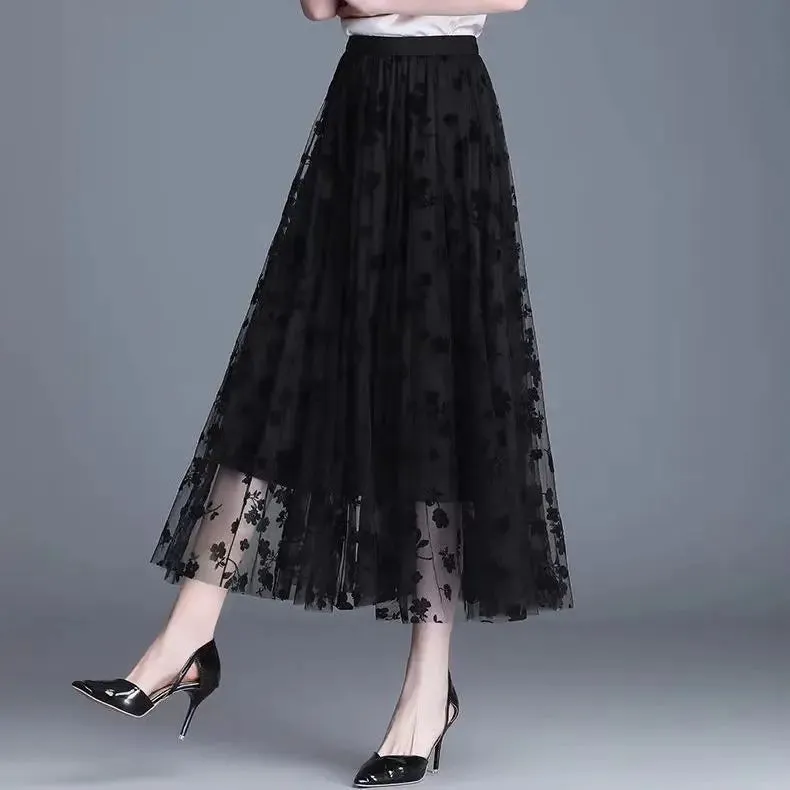 Obsidian Phoenix Korean Tulle Midi Skirt - Floral Hook Design, Loose Elegant Casual Mesh Summer Style