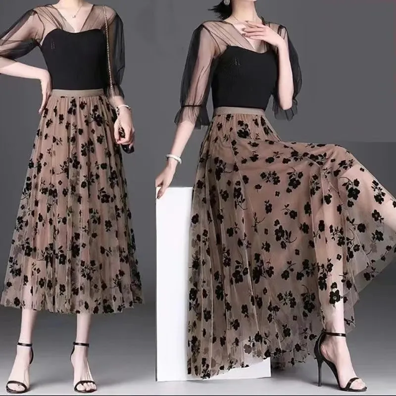 Obsidian Phoenix Korean Tulle Midi Skirt - Floral Hook Design, Loose Elegant Casual Mesh Summer Style