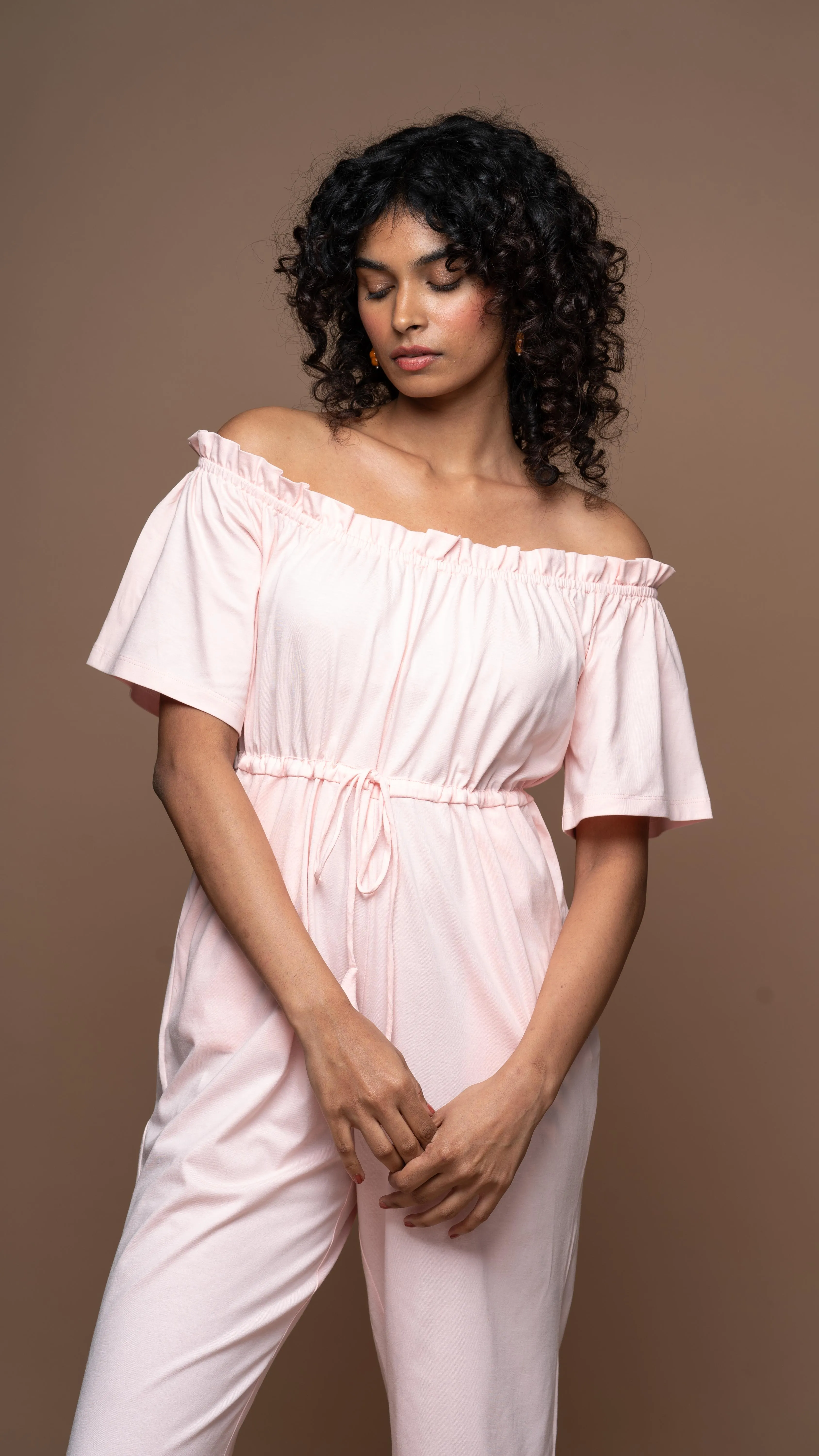 Off-Shoulder Charm Jumpsuit in Soft Pink