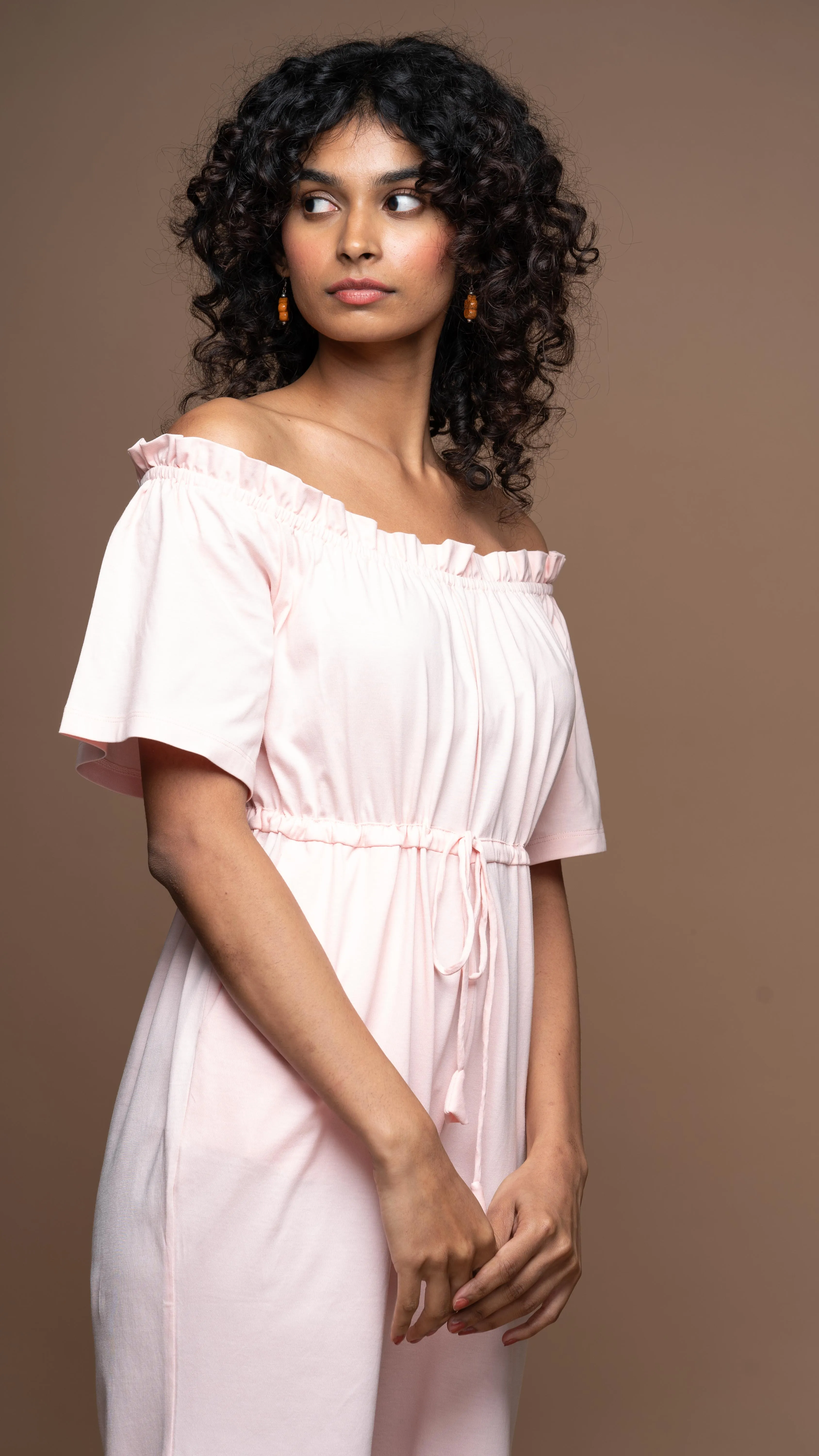 Off-Shoulder Charm Jumpsuit in Soft Pink