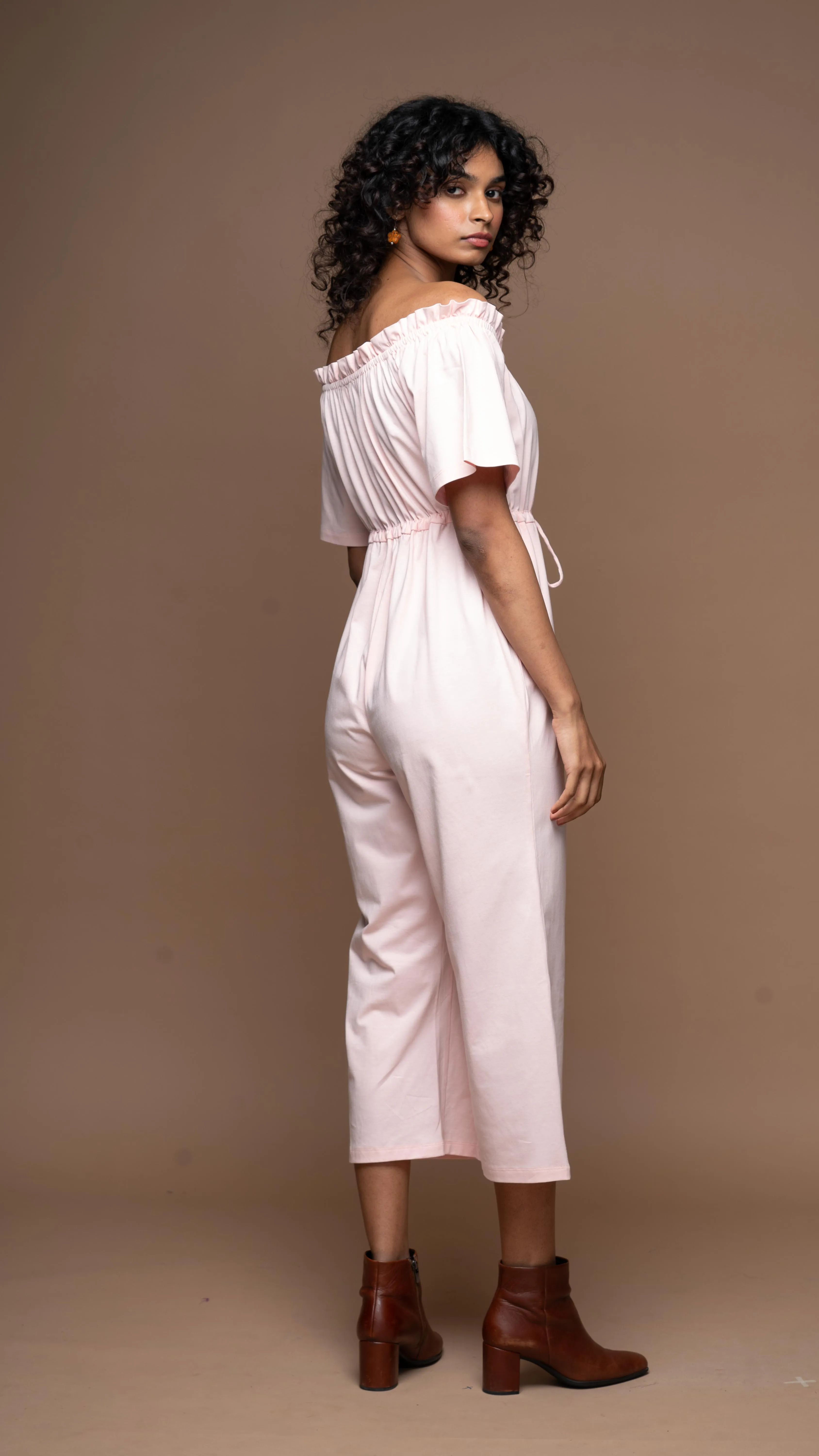Off-Shoulder Charm Jumpsuit in Soft Pink