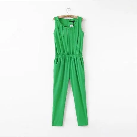 OL Plus Size Women Clothing Slim Pleated Sleeveless Chiffon Fashion Casual Jumpsuit