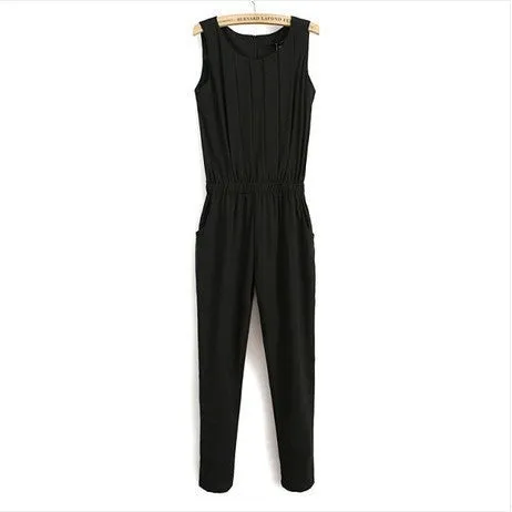 OL Plus Size Women Clothing Slim Pleated Sleeveless Chiffon Fashion Casual Jumpsuit